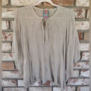 Johnny Was All Over Embroidered Tan Tie Front Poncho Top S Boho Festival Casual